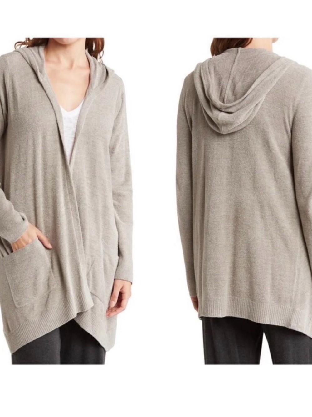 Barefoot Dreams Cozy Hooded Open-Front Cardigan Sweater - Light grey